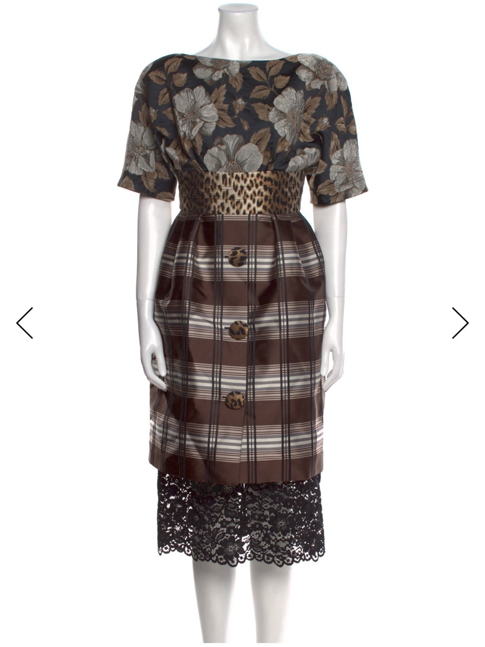 Antonio Marras Brown Floral, Plaid & Leopard-Mix Midi Dress with Black Lace